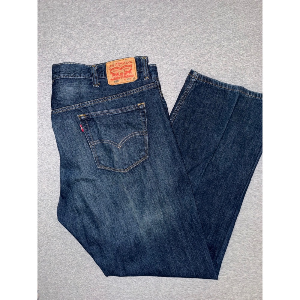 Levis 569 Mens Loose Straight Jeans Size 42x32 Dark Wash Blue Broken In Soft